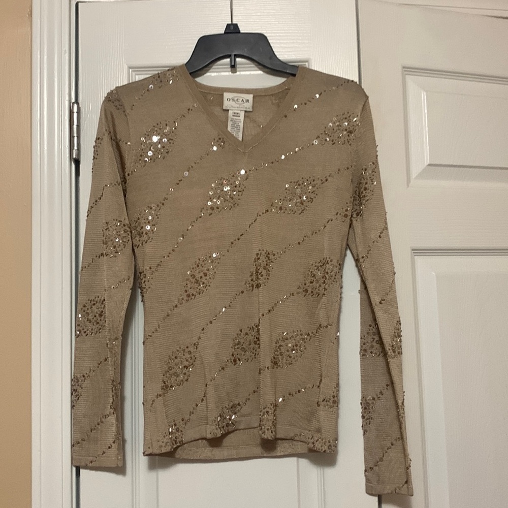 Oscar de la Renta Sequin Tan Sweater V-neck